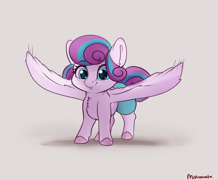Size: 3210x2660 | Tagged: safe, artist:miokomata, derpibooru import, princess flurry heart, alicorn, pony, baby, baby pony, chest fluff, cute, female, filly, flurrybetes, image, jpeg, looking at you, missing horn, simple background, solo, spread wings, wings