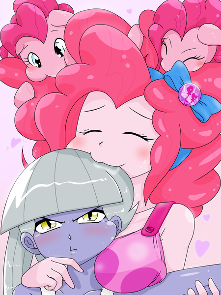 Size: 1668x2224 | Tagged: safe, artist:batipin, derpibooru import, limestone pie, pinkie pie, earth pony, pony, equestria girls, blushing, breasts, busty pinkie pie, eating, equestria girls-ified, eyes closed, female, geode of sugar bombs, human ponidox, image, limestone is not amused, magical geodes, nom, png, self ponidox, siblings, sisters, triality
