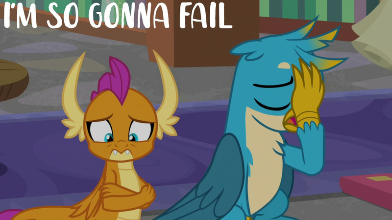 Size: 1280x720 | Tagged: safe, derpibooru import, edit, edited screencap, editor:quoterific, screencap, gallus, smolder, dragon, gryphon, pony, what lies beneath, crossed arms, duo, eyes closed, facepalm, female, image, jpeg, male, mare, open mouth, stallion