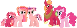 Size: 1280x467 | Tagged: safe, artist:camomiie, artist:selenaede, derpibooru import, big macintosh, pinkie pie, oc, oc:flemish beauty, oc:harvest queen, oc:prestine party punch, earth pony, pony, unicorn, base used, family, female, filly, freckles, image, male, mare, offspring, parent:big macintosh, parent:pinkie pie, parents:pinkiemac, pinkiemac, png, shipping, simple background, stallion, straight, transparent background