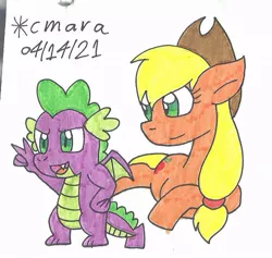 Size: 854x811 | Tagged: safe, artist:cmara, derpibooru import, applejack, spike, dragon, earth pony, pony, applejack's hat, applespike, cowboy hat, female, hat, image, jpeg, male, mare, open mouth, shipping, simple background, straight, traditional art, white background