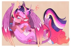 Size: 1938x1285 | Tagged: safe, artist:wanderingpegasus, derpibooru import, pinkie pie, twilight sparkle, twilight sparkle (alicorn), alicorn, earth pony, pony, alternate hairstyle, chest fluff, curved horn, cute, diapinkes, ear fluff, eyes closed, female, freckles, horn, hug, image, leg fluff, leonine tail, lesbian, mare, markings, png, redesign, shipping, twiabetes, twinkie, unshorn fetlocks