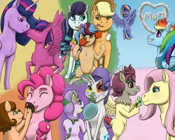 Size: 2500x2000 | Tagged: safe, artist:azurllinate, derpibooru import, applejack, coloratura, fluttershy, pinkie pie, rainbow dash, rarity, twilight sparkle, twilight sparkle (alicorn), oc, oc:azure sprint, oc:chocolate swirl, oc:dazzle shield, oc:elegrace flux, oc:peachy plum, oc:spiral twinkle, alicorn, draconequus, dracony, dragon, earth pony, hybrid, pegasus, the last problem, alicorn oc, apple, blushing, blushing profusely, boop, chest fluff, cloud, cloud writing, cupcake, draconequus oc, earth pony oc, eyes closed, face paint, fangs, female, flower, flying, foal, food, freckles, futurehooves, gift giving, green eyes, happy, hoof on shoulder, horn, image, interspecies offspring, juggling, lesbian, long mane, magical lesbian spawn, male, mirror, nervous, next gen:futurehooves, next generation, not impressed, offspring, open mouth, parent:applejack, parent:cheese sandwich, parent:coloratura, parent:discord, parent:flash sentry, parent:fluttershy, parent:pinkie pie, parent:rainbow dash, parent:rarity, parent:soarin', parent:spike, parent:twilight sparkle, parents:cheesepie, parents:discoshy, parents:flashlight, parents:rarajack, parents:soarindash, parents:sparity, pegasus oc, png, proud, rarajack, royalty, shipping, simple background, smiling, stifling laughter, tongue out, trying to feed, two moms, wavy hair, wings