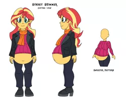 Size: 3126x2590 | Tagged: safe, artist:niban-destikim, derpibooru import, sunset shimmer, comic:inner thoughts, equestria girls, belly, belly button, big belly, boots, clothes, coat, high heel boots, high heels, image, pants, png, pregnant, reference, scarf, shoes, sunset preggers, sweater