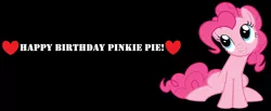 Size: 6848x2816 | Tagged: safe, artist:budgeriboo, artist:twilyisbestpone, derpibooru import, pinkie pie, earth pony, pony, black background, cute, derpibooru exclusive, diapinkes, female, happy birthday, heart, image, mare, pinkie pie's birthday, png, simple background, sitting, smiling, solo, vector