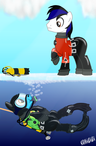 Size: 2633x4000 | Tagged: safe, artist:akififi, derpibooru import, oc, oc:sea glow, pegasus, pony, air tank, bubble, diving, diving suit, drysuit, duo, flippers, ice, image, nose plug, png, rope, scuba, scuba gear, scuba mask, underwater, weight belt