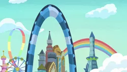 Size: 1280x720 | Tagged: safe, derpibooru import, screencap, grannies gone wild, background, image, las pegasus, no pony, png, rainbow, scenery, scenic ponyville, skyscraper, wild blue yonder