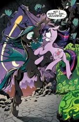 Size: 911x1400 | Tagged: safe, artist:andypriceart, derpibooru import, idw, apple bloom, applejack, fluttershy, pinkie pie, queen chrysalis, rainbow dash, rarity, scootaloo, sweetie belle, twilight sparkle, changeling, unicorn, the return of queen chrysalis, fight, image, jpeg, sharp teeth, speech bubble, teeth, unicorn twilight