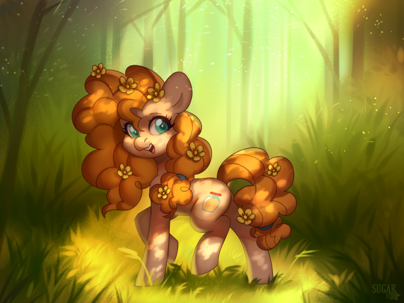 Size: 4000x3000 | Tagged: safe, artist:sugarstar, derpibooru import, pear butter, earth pony, pony, bush, female, flower, flower in hair, forest, high res, image, mare, open mouth, open smile, outdoors, png, raised hoof, rcf community, smiling, solo, tree