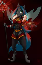 Size: 2671x4096 | Tagged: safe, artist:creed_zachary, derpibooru import, queen chrysalis, anthro, changeling, changeling queen, pony, unguligrade anthro, armor, bracer, choker, clothes, commission, crossover, dress, female, fur, glow, gold, hair, hand, image, jewelry, jpeg, looking at you, mage, magic, magic orb, mare, open mouth, orb, outstretched arm, pendant, socks, solo, solo female, staff, staff weapon, stocking feet, stockings, stupid sexy chrysalis, thigh highs, warcraft, wings, world of warcraft