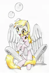 Size: 1990x2967 | Tagged: safe, artist:40kponyguy, derpibooru import, derpy hooves, dinky hooves, pegasus, pony, unicorn, bunny sitting, cute, cutie mark background, derpibooru exclusive, ear fluff, female, filly, happy, hug, image, jpeg, looking at each other, mare, mother and child, mother and daughter, one eye closed, simple background, traditional art, underhoof, wings