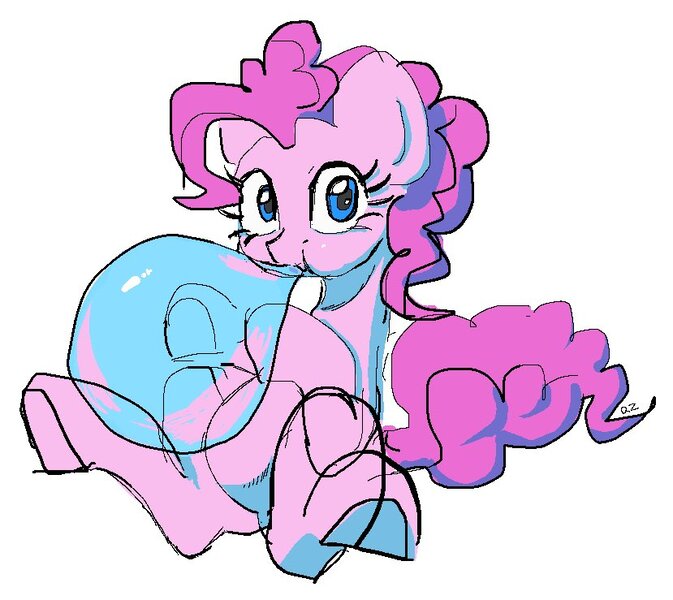 Size: 829x739 | Tagged: safe, artist:z_am_z, derpibooru import, pinkie pie, earth pony, balloon, blowing up balloons, cute, diapinkes, image, jpeg, simple background, sitting, solo, white background