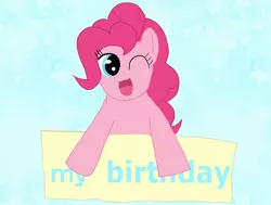 Size: 2048x1548 | Tagged: safe, artist:maud_pie_s4, derpibooru import, pinkie pie, earth pony, pony, cute, diapinkes, happy, image, jpeg, looking at you, one eye closed, open mouth, open smile, pinkie pie's birthday, simple background, smiling, smiling at you, text, wink, winking at you