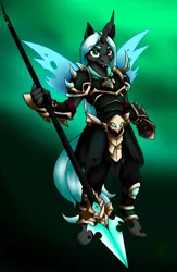 Size: 2671x4096 | Tagged: safe, artist:creed_zachary, derpibooru import, oc, unofficial characters only, anthro, changeling, pony, unguligrade anthro, anthro oc, armor, changeling king, changeling oc, clothes, commission, crossover, fantasy class, fist, glow, image, jewelry, jpeg, knee pads, looking at you, male, pendant, plate, shoulder armor, skull, smiling, solo, solo male, spear, spiked armor, spikes, stallion, tail, warcraft, warrior, weapon, white hair, wings, world of warcraft