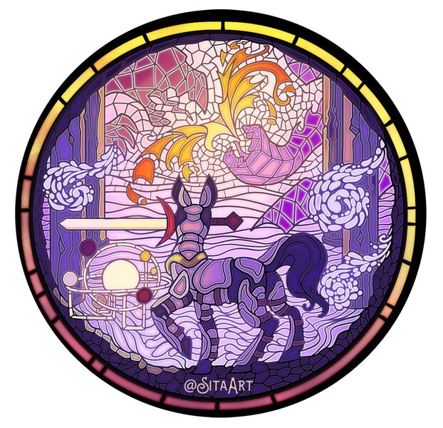 Size: 1200x1157 | Tagged: safe, artist:sitaart, derpibooru import, oc, unofficial characters only, dragon, earth pony, pony, image, jpeg, stained glass