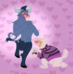 Size: 2544x2592 | Tagged: safe, artist:radicalhat, derpibooru import, iron will, oc, oc:duke, anthro, diamond dog, minotaur, blushing, canon x oc, collar, couple, engagement ring, gay, hairless, heart, image, kneeling, male, marriage proposal, png, shipping