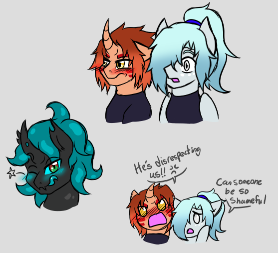 Size: 557x506 | Tagged: safe, artist:jolliapplegirl, derpibooru import, oc, oc:midsummer solstice, oc:toxic love, oc:wintertide solstice, changeling, hybrid, pegasus, pony, unicorn, blushing, dialogue, image, interspecies offspring, magical lesbian spawn, male, next generation, offspring, parent:mane-iac, parent:queen chrysalis, parents:chrysiac, png, stallion