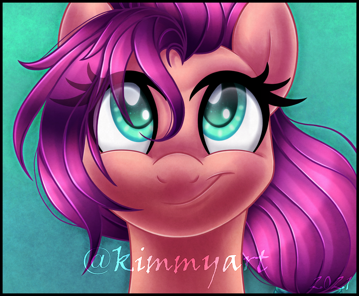 Size: 1636x1349 | Tagged: safe, artist:kimmyartmlp, derpibooru import, edit, sunny starscout, earth pony, pony, bust, cropped, cute, eyelashes, female, g5, gradient background, image, mare, png, portrait, smiling, solo, sunnybetes, watermark