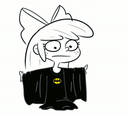 Size: 1000x912 | Tagged: safe, artist:tjpones, derpibooru import, edit, apple bloom, equestria girls, animated, batman, clothes, female, freckles, gif, image, monochrome, outstretched arms, oversized clothes, oversized shirt, shirt, simple background, solo, white background