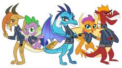 Size: 5360x3008 | Tagged: safe, artist:andoanimalia, artist:ponygamer2020, artist:thesharp0ne, artist:tomfraggle, derpibooru import, garble, ocellus, princess ember, smolder, spike, changedling, changeling, dragon, fallout equestria, dragon quest, school daze, triple threat, absurd resolution, blushing, claws, clothes, crossed arms, cute, diaocelles, disguise, disguised changeling, dragoness, dragon ocellus, dragons wearing clothes, dragon wings, fallout, female, flying, group, happy, horns, image, jumpsuit, looking at you, male, open mouth, pipboy, png, shy, simple background, smiling, smiling at you, smolderbetes, spread wings, teenaged dragon, teeth, transparent background, vault suit, vector, waving, waving at you, winged spike, wings