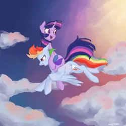 Size: 1000x1000 | Tagged: safe, artist:nodambol, derpibooru import, rainbow dash, twilight sparkle, pegasus, pony, unicorn, duo, female, flying, image, mare, open mouth, png, ponies riding ponies, riding, sky background, smiling, unicorn twilight