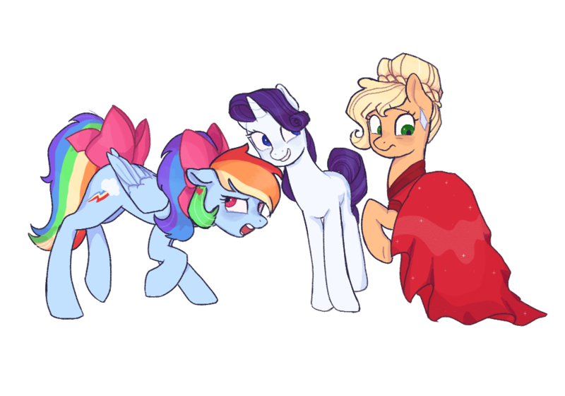 Size: 1000x700 | Tagged: safe, artist:nodambol, derpibooru import, applejack, rainbow dash, rarity, earth pony, pegasus, pony, unicorn, alternate hairstyle, and then there's rarity, applejack also dresses in style, bow, clothes, dress, ear piercing, earring, female, floppy ears, grin, hair bow, image, jewelry, makeover, mare, piercing, png, rainbow dash always dresses in style, raised hoof, simple background, smiling, tail bow, transparent background, trio, varying degrees of want