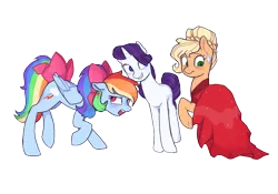 Size: 1000x700 | Tagged: safe, artist:nodambol, derpibooru import, applejack, rainbow dash, rarity, earth pony, pegasus, pony, unicorn, alternate hairstyle, and then there's rarity, applejack also dresses in style, bow, clothes, dress, ear piercing, earring, female, floppy ears, grin, hair bow, image, jewelry, makeover, mare, piercing, png, rainbow dash always dresses in style, raised hoof, simple background, smiling, tail bow, transparent background, trio, varying degrees of want