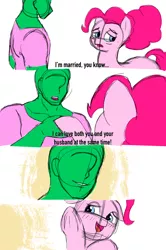 Size: 2042x3072 | Tagged: safe, artist:datzigga, derpibooru import, pinkie pie, oc, oc:anon, earth pony, human, pony, comic, image, implied bisexual, implied cheese sandwich, implied cheesepie, implied shipping, implied straight, male, meme, muscles, muscular male, older, older pinkie pie, png, sketch