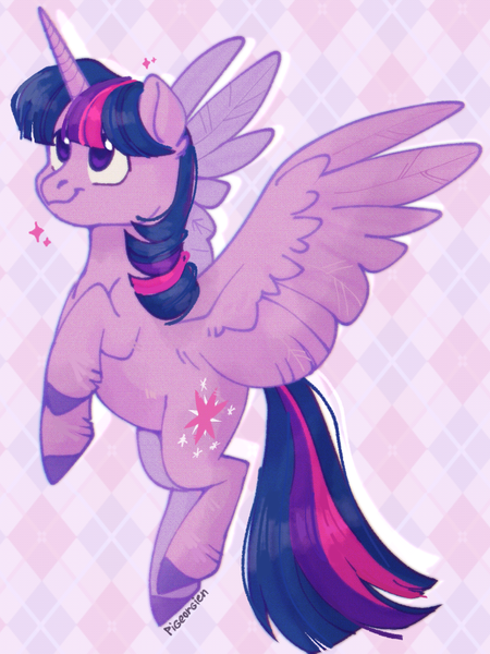 Size: 768x1024 | Tagged: safe, artist:pigeorgien, derpibooru import, twilight sparkle, twilight sparkle (alicorn), alicorn, pony, abstract background, female, flying, image, mare, png, smiling, solo, sparkles, spread wings, unshorn fetlocks, wings