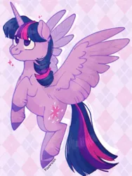 Size: 768x1024 | Tagged: safe, artist:pigeorgien, derpibooru import, twilight sparkle, twilight sparkle (alicorn), alicorn, pony, abstract background, female, flying, image, mare, png, smiling, solo, sparkles, spread wings, unshorn fetlocks, wings