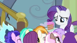 Size: 1280x720 | Tagged: safe, derpibooru import, screencap, rarity, for whom the sweetie belle toils, cake, female, food, image, png, rarity looking at food, solo