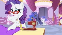 Size: 1280x720 | Tagged: safe, derpibooru import, screencap, princess luna, rarity, sweetie belle, for whom the sweetie belle toils, carousel boutique, female, glasses rarity, image, measuring tape, png, sewing, sewing machine