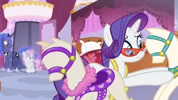 Size: 1280x720 | Tagged: safe, derpibooru import, screencap, princess luna, rarity, sweetie belle, for whom the sweetie belle toils, carousel boutique, female, glasses rarity, image, measuring tape, png