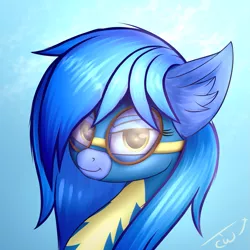 Size: 1221x1221 | Tagged: safe, artist:colourwave, derpibooru import, oc, oc:blue bolt, unofficial characters only, pegasus, pony, bust, clothes, ear fluff, female, goggles, image, looking at you, mare, pegasus oc, png, portrait, simple background, smiling, solo, uniform, wings, wonderbolt trainee uniform, wonderbolts uniform