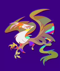 Size: 1731x2048 | Tagged: safe, artist:brdte, derpibooru import, gilda, gryphon, beak, claws, colored outlines, colored wings, female, image, jpeg, multicolored beak, multicolored body, multicolored hair, multicolored tail, multicolored wings, open beak, open mouth, profile, purple background, simple background, solo, spread wings, stylized, talons, wavy tail, wings