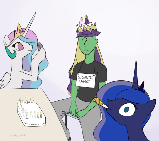 Size: 764x678 | Tagged: safe, artist:furseiseki, derpibooru import, princess celestia, princess luna, oc, oc:anon, birthday, cake, camera, female, food, hat, image, party hat, party horn, png, practical joke, request, royal sisters, rude, siblings, sign, simple background, sisters, vulgar, white background