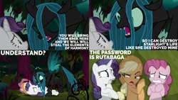 Size: 1280x720 | Tagged: safe, derpibooru import, edit, edited screencap, editor:quoterific, screencap, mean applejack, mean pinkie pie, mean rarity, queen chrysalis, changeling, earth pony, pony, unicorn, season 8, the mean 6, spoiler:s08, applejack's hat, clone, cowboy hat, eyes closed, female, forest, hat, image, mare, open mouth, png, tree, yelling