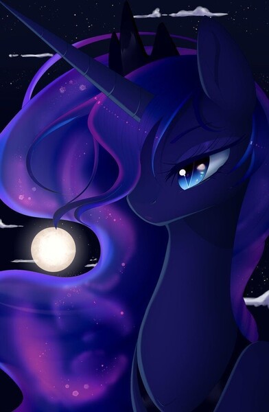 Size: 704x1078 | Tagged: safe, artist:moonstarluminara726, derpibooru import, princess luna, alicorn, pony, blue eyes, blue mane, cloud, crown, ethereal mane, eyelashes, female, flowing mane, horn, image, jewelry, jpeg, long horn, moon, moonlight, night, regalia, sky, solo, starry mane, stars