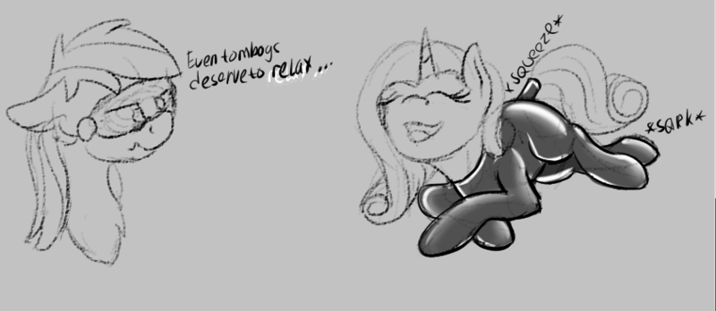 Size: 844x367 | Tagged: questionable, artist:barhandar, ponybooru import, rainbow dash, rarity, pony, cross-eyed, female, gray background, hypnogear, hypnosis, image, latex, latex suit, mare, massage, monochrome, png, relaxing, scrunchy face, simple background, sketch, spiral, squeak, visor