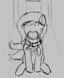 Size: 524x634 | Tagged: safe, artist:barhandar, ponybooru import, oc, oc:anonfilly, unofficial characters only, pony, collar, female, filly, gray background, happy, image, leash, monochrome, pet tag, png, pony pet, simple background, sitting, sketch, solo, solo female, tail wag