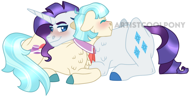 Size: 1580x806 | Tagged: safe, artist:artistcoolpony, derpibooru import, coco pommel, rarity, earth pony, pony, unicorn, blushing, chest fluff, colored hooves, cuddling, female, floppy ears, image, lesbian, lying down, mare, marshmallow coco, png, prone, shipping, simple background, transparent background, watermark