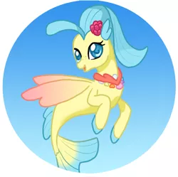 Size: 814x810 | Tagged: safe, artist:cardcaptorkatara, derpibooru import, princess skystar, seapony (g4), my little pony: the movie, blue background, blue eyes, blue mane, dorsal fin, female, fins, fish tail, flower, flower in hair, image, jewelry, looking at you, necklace, open mouth, pearl necklace, png, simple background, smiling, solo, tail, wings