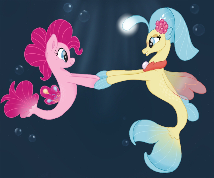 Size: 1024x853 | Tagged: safe, artist:neskers, derpibooru import, pinkie pie, princess skystar, earth pony, pony, seapony (g4), my little pony: the movie, bioluminescent, blue mane, bubble, crepuscular rays, dorsal fin, female, fin wings, fins, fish tail, flower, flower in hair, flowing tail, image, jewelry, jpeg, lesbian, looking at each other, necklace, ocean, pearl necklace, pink mane, seaponified, seapony pinkie pie, shipping, skypie, smiling, species swap, tail, underwater, water, wings