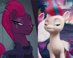 Size: 888x701 | Tagged: safe, derpibooru import, screencap, tempest shadow, zipp storm, pegasus, pony, unicorn, my little pony: the movie, broken horn, eye scar, female, g5, horn, image, lidded eyes, mare, png, scar, smug