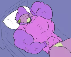 Size: 1397x1131 | Tagged: suggestive, artist:urkel, derpibooru import, spike, dragon, beefspike, clothes, featureless crotch, fetish, hoodie, image, lying down, male, muscle fetish, muscles, muscular male, overdeveloped muscles, pillow, png, simple background, sleeping, solo