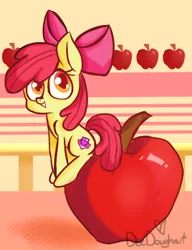 Size: 414x540 | Tagged: safe, artist:docdoughnut, derpibooru import, apple bloom, apple, apple bloom's bow, bow, cutie mark, food, hair bow, image, png, signature, sitting, smiling, solo