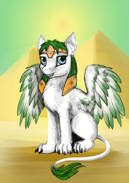 Size: 2480x3508 | Tagged: safe, artist:dalagar, derpibooru import, oc, oc:mint wellington, sphinx, blue eyes, chest fluff, claws, derpibooru exclusive, ear fluff, green mane, image, leonine tail, male, paws, png, pyramid, sitting, solo, sphinx oc, spread wings, tail fluff, wing fluff, wings