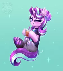 Size: 2683x3000 | Tagged: safe, artist:confetticakez, derpibooru import, starlight glimmer, pony, unicorn, beanie, blushing, boots, choker, clothes, equestria girls outfit, female, gradient background, hat, holding, iced coffee, image, jeans, mare, one eye closed, pants, png, ripped jeans, ripped pants, shoes, solo, sparkles, torn clothes, vest, wink