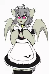 Size: 2000x3000 | Tagged: safe, artist:etoz, derpibooru import, oc, oc:gravel shine, unofficial characters only, anthro, bat pony, arm hooves, bat pony oc, bat wings, bell, bell collar, cat bell, clothes, collar, crossdressing, dress, femboy, happy, image, maid, male, open mouth, png, request, requested art, sketch, smiling, socks, solo, stockings, thigh highs, wings