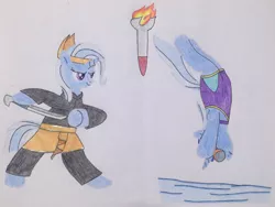 Size: 1280x960 | Tagged: safe, artist:don2602, derpibooru import, trixie, pony, unicorn, bipedal, clothes, goggles, headband, image, jpeg, smiling, solo, swimsuit, sword, torch, traditional art, weapon